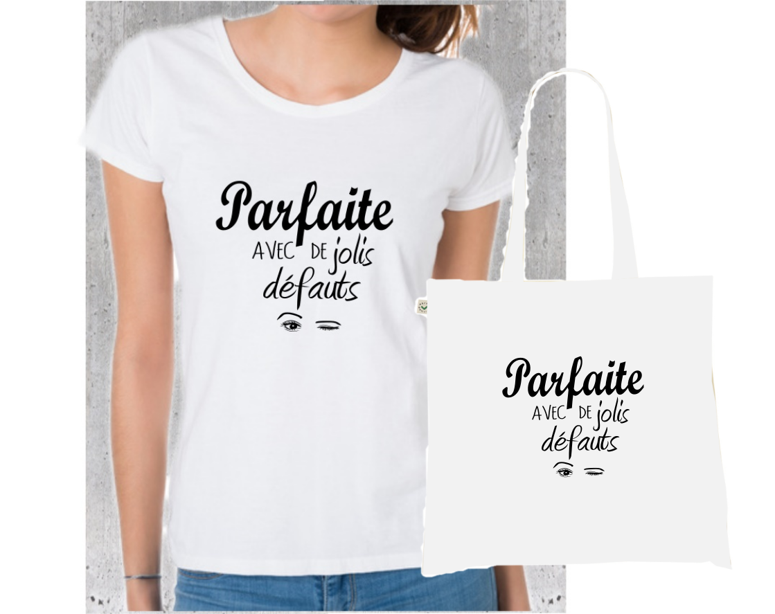 ✨ T-shirt + Tote Bag Duo : "Parfaite Avec De Jolis Défauts" - Humour & Confiance