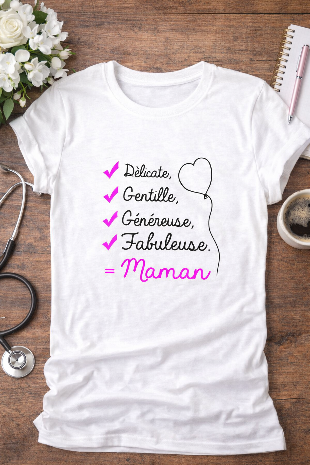 🎁 T-shirt "Délicate, Gentille, Généreuse, Fabuleuse = MAMAN"
