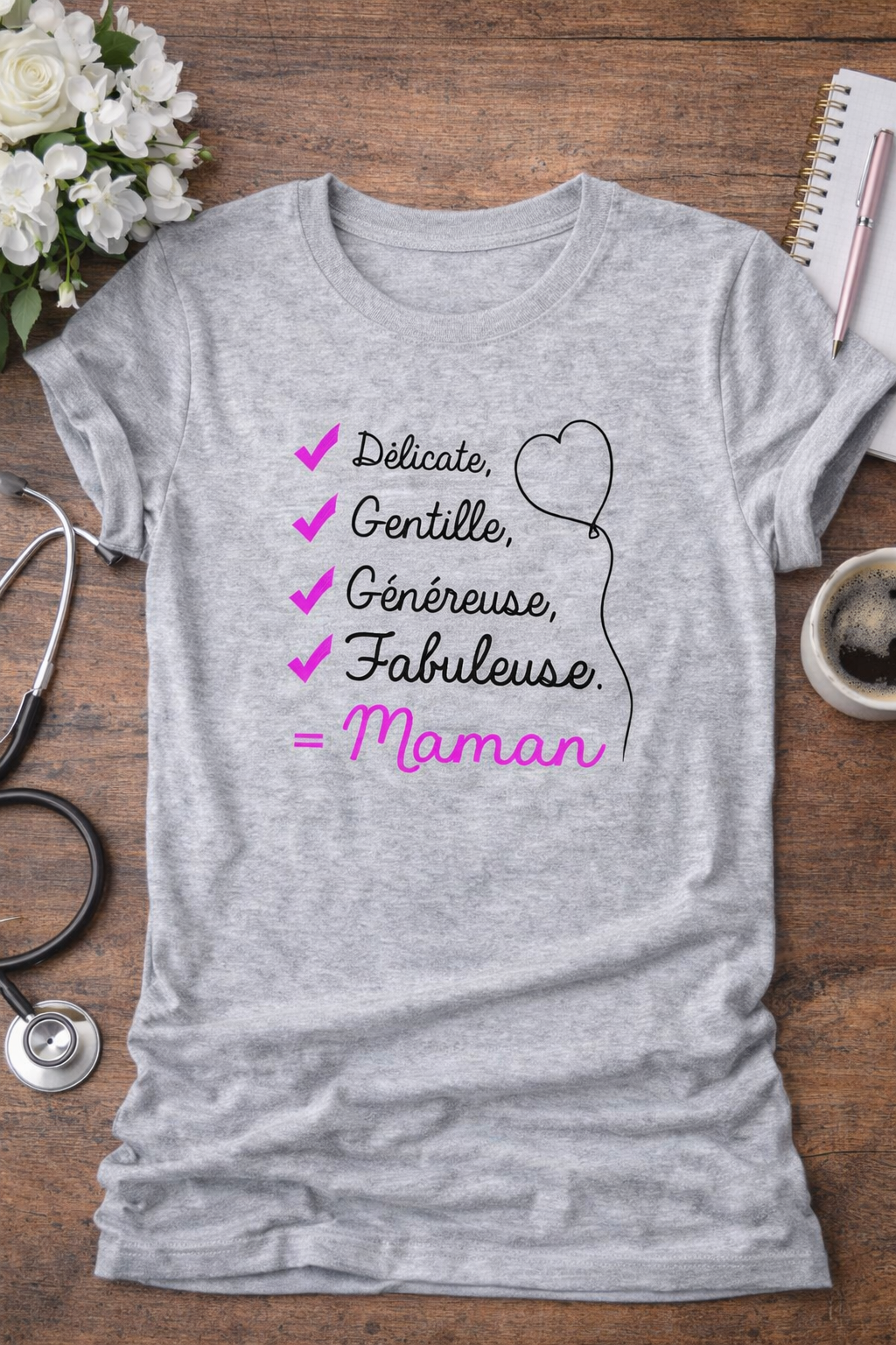 🎁 T-shirt "Délicate, Gentille, Généreuse, Fabuleuse = MAMAN"