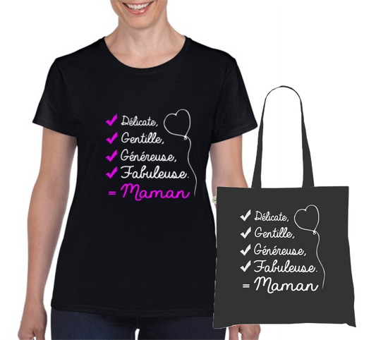 ✅ T-shirt + Tote Bag Duo : "Délicate, Gentille, Généreuse, Fabuleuse = Maman"