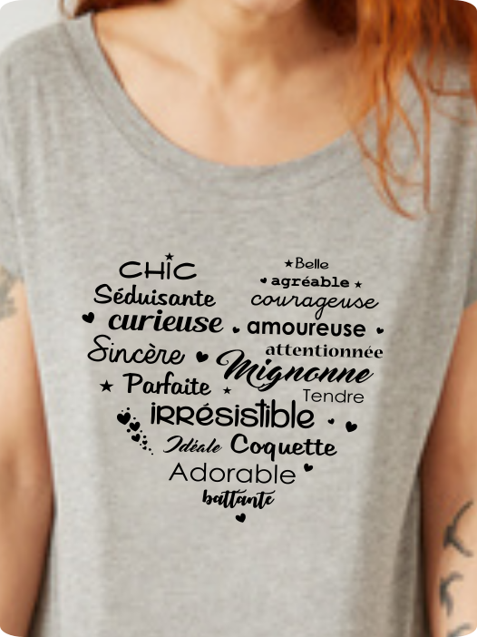T-shirt Cœur "Chic, Mignonne, Irrésistible" - Message Positif Femme