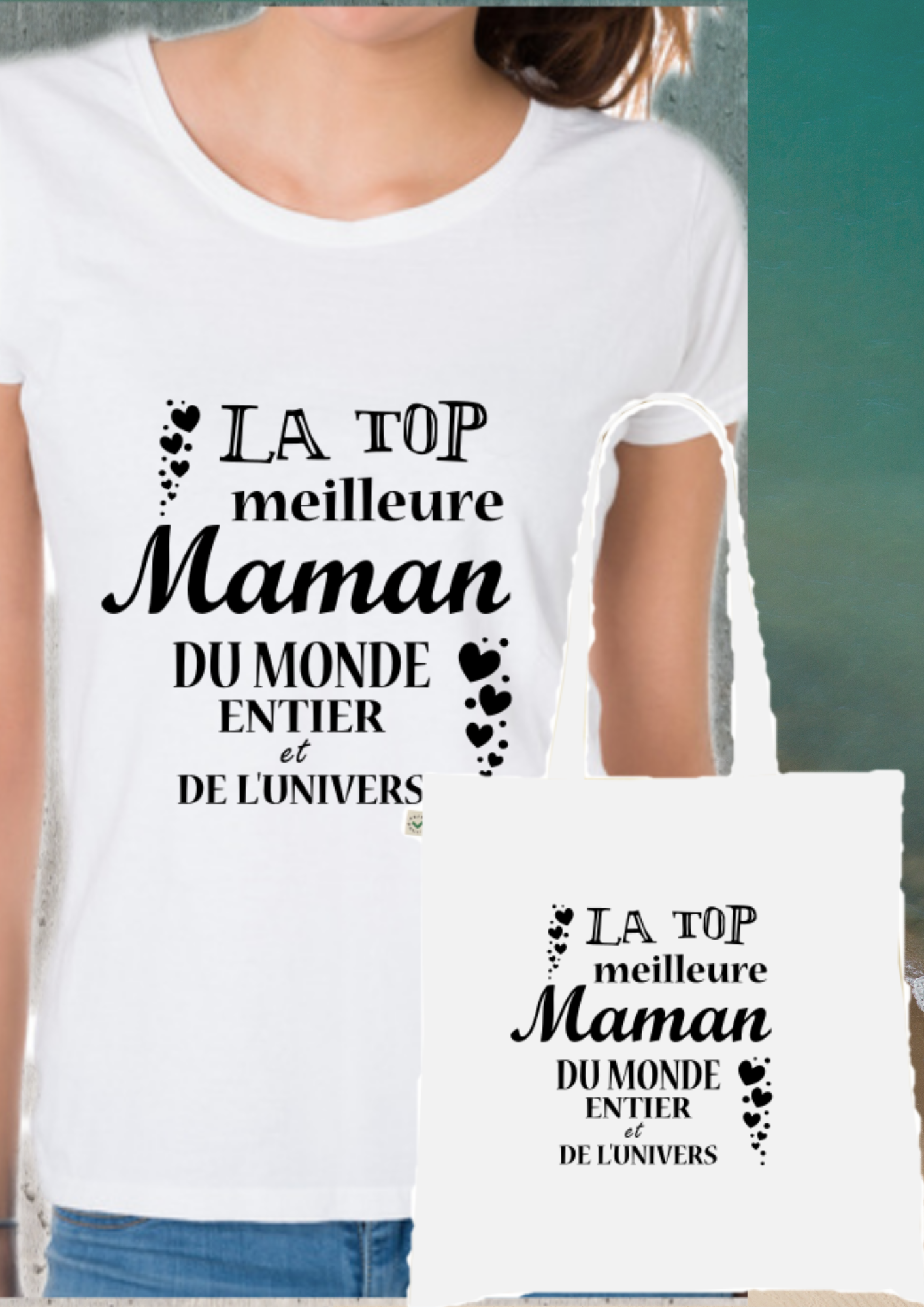 👑 T-shirt + Tote Bag Duo : "La TOP Meilleure Maman Du Monde Entier Et De L'Univers"