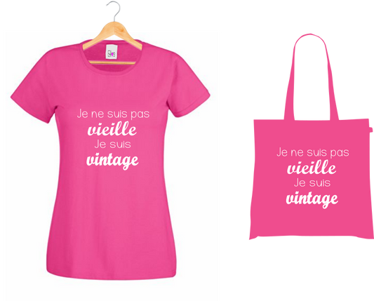 T-shirt + Tote Bag Duo : "Je ne suis pas vieille Je suis vintage" - Humour Intemporel