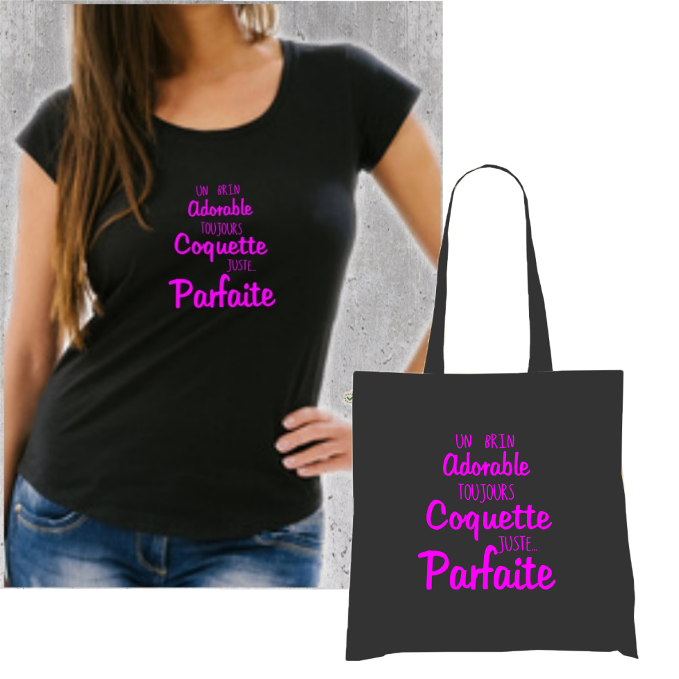 T-shirt Noir + Tote Bag Duo : "Adorable, Coquette, Parfaite" - L'Élégance Décontractée