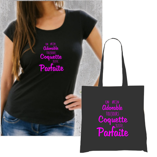 T-shirt Noir + Tote Bag Duo : "Adorable, Coquette, Parfaite" - L'Élégance Décontractée